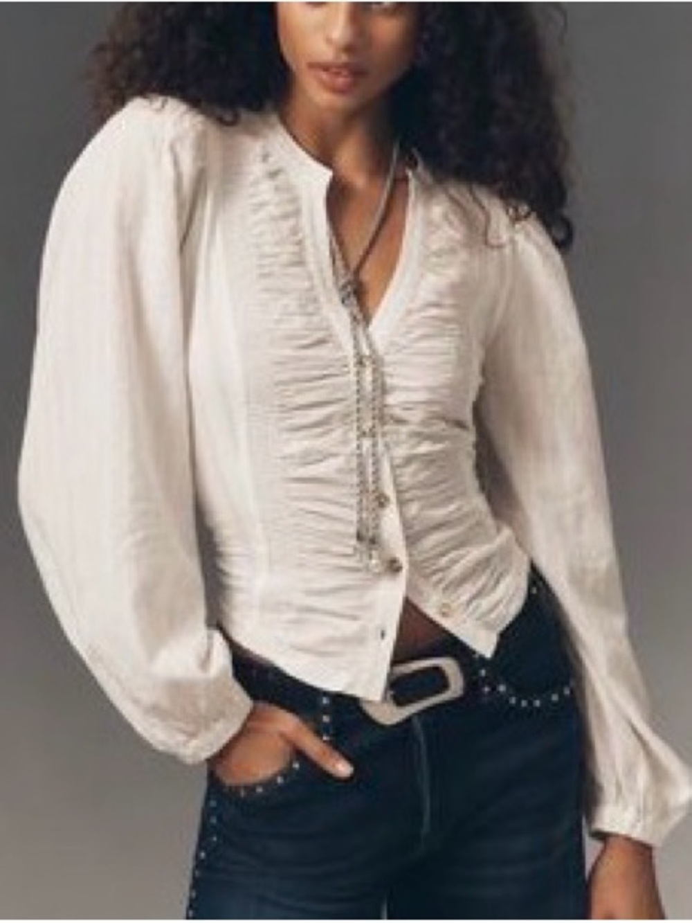 Women's Ivory Ruched Button-Front Top